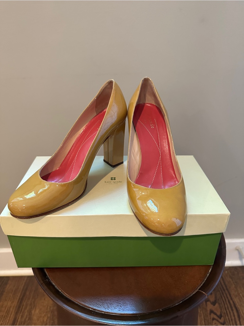 kate spade Kristen Patent Beige Leather Block Heel Pumps - Size 6